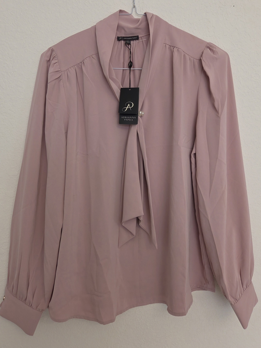 Adrianna Papell Blush Pink Tie-Neck Long Sleeve Blouse